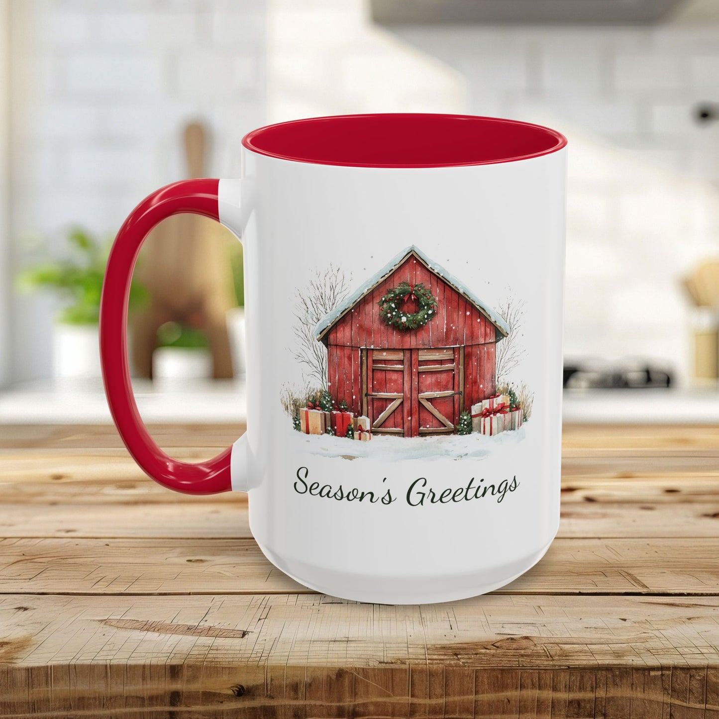 Snowy Christmas Red Barn with Gifts Mug (11/15oz)