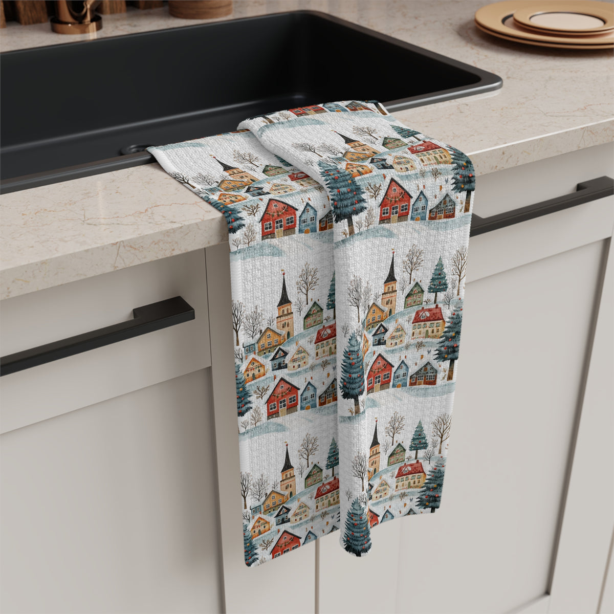 Nordic Winter Village Tea Towel