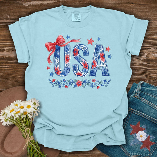 USA Floral Patriotic Bows & Stars T-Shirt