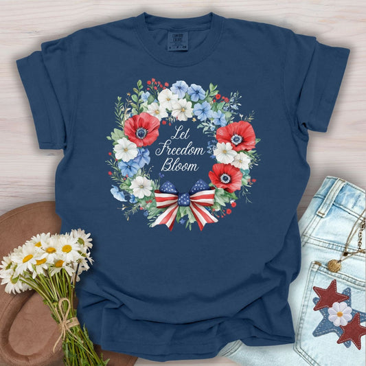 Let Freedom Bloom Patriotic Floral Wreath T-Shirt