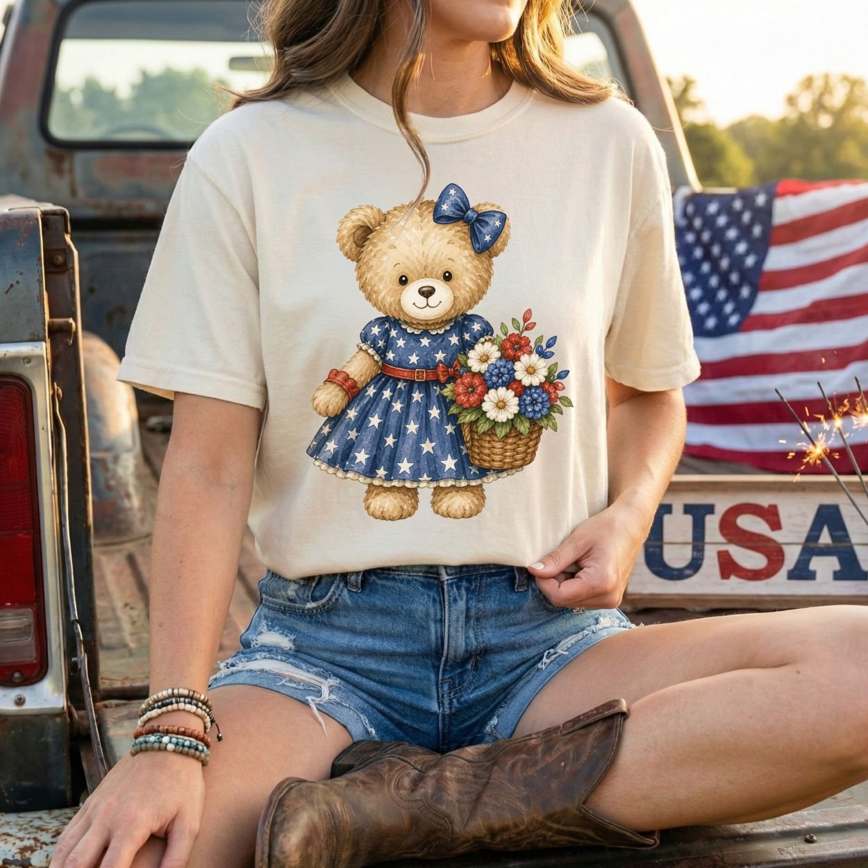 Patriotic Teddy Bear Girl with Floral Basket T-Shirt