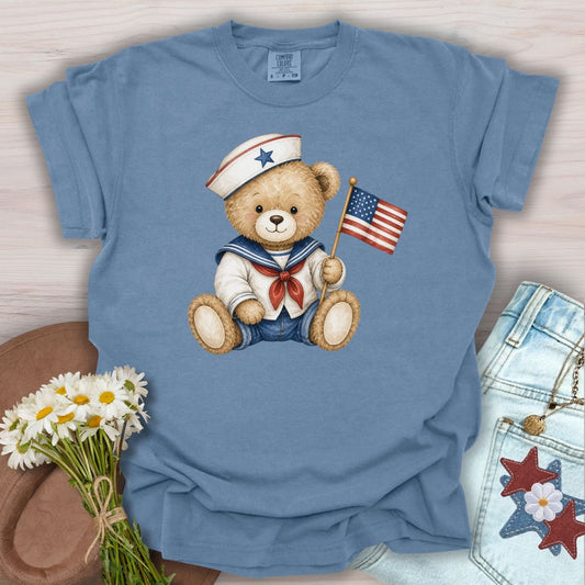 Patriotic Teddy Bear Sailor with Flag T-Shirt