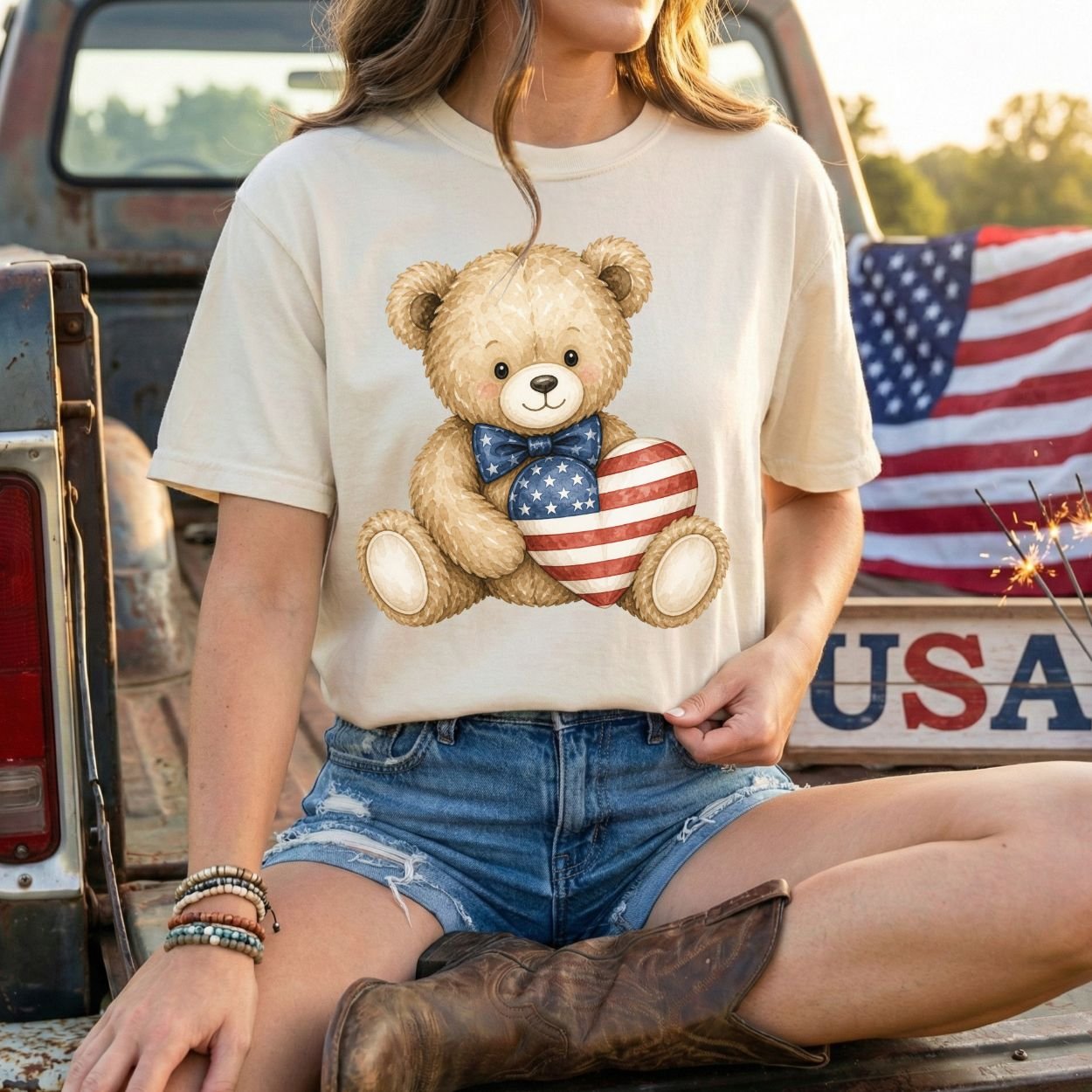 Patriotic Teddy Bear with American Flag Heart T-Shirt