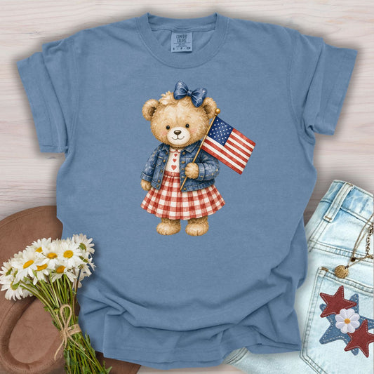Patriotic Teddy Bear Girl with Gingham Dress T-Shirt