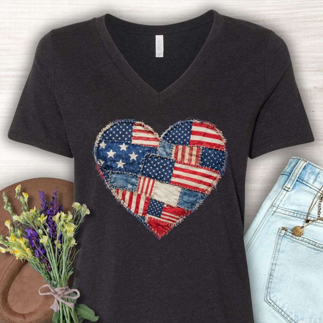 Patriotic Faux Patchwork Heart V-Neck T-Shirt