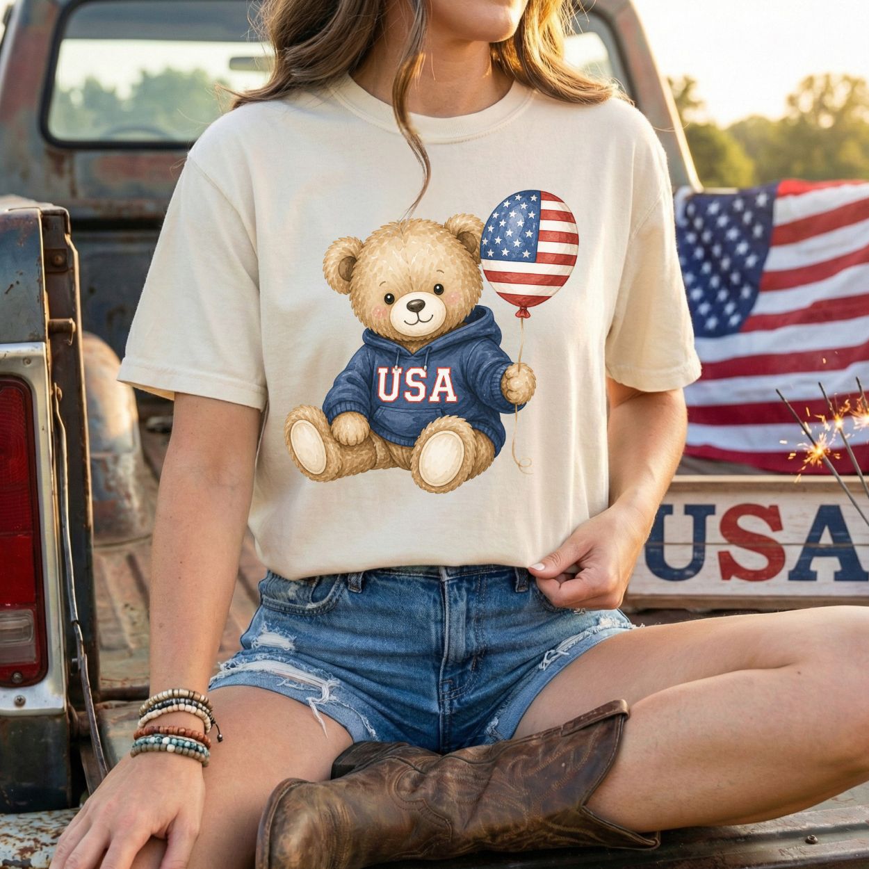 USA Teddy Bear with Flag Balloon T-Shirt