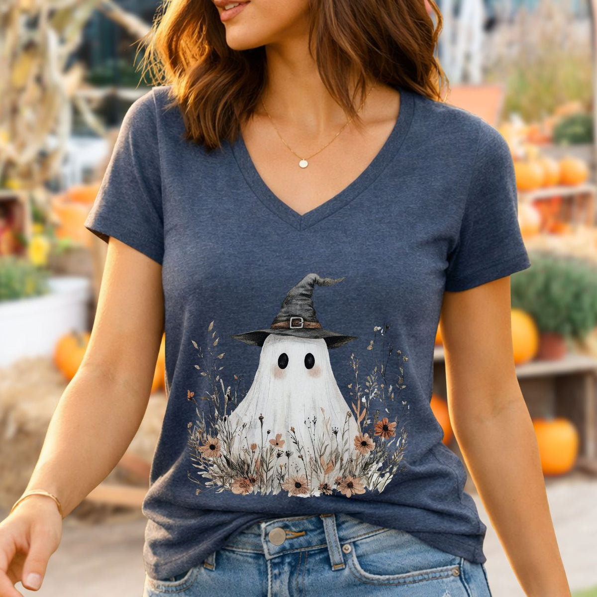 Boho Floral Ghost Witch V-Neck Tee