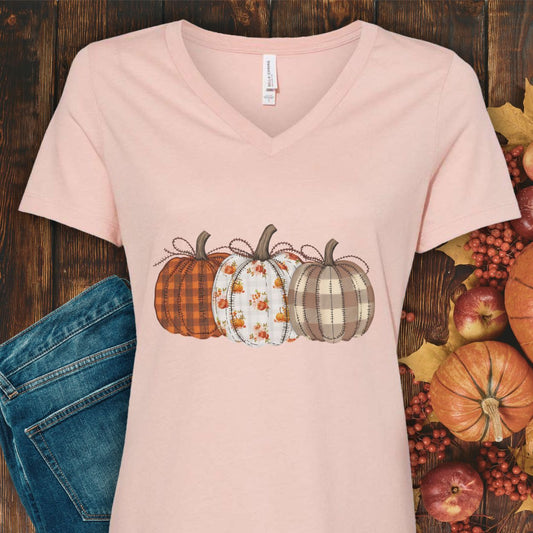 Rustic Fall Plaid Pumpkins V-Neck Tee
