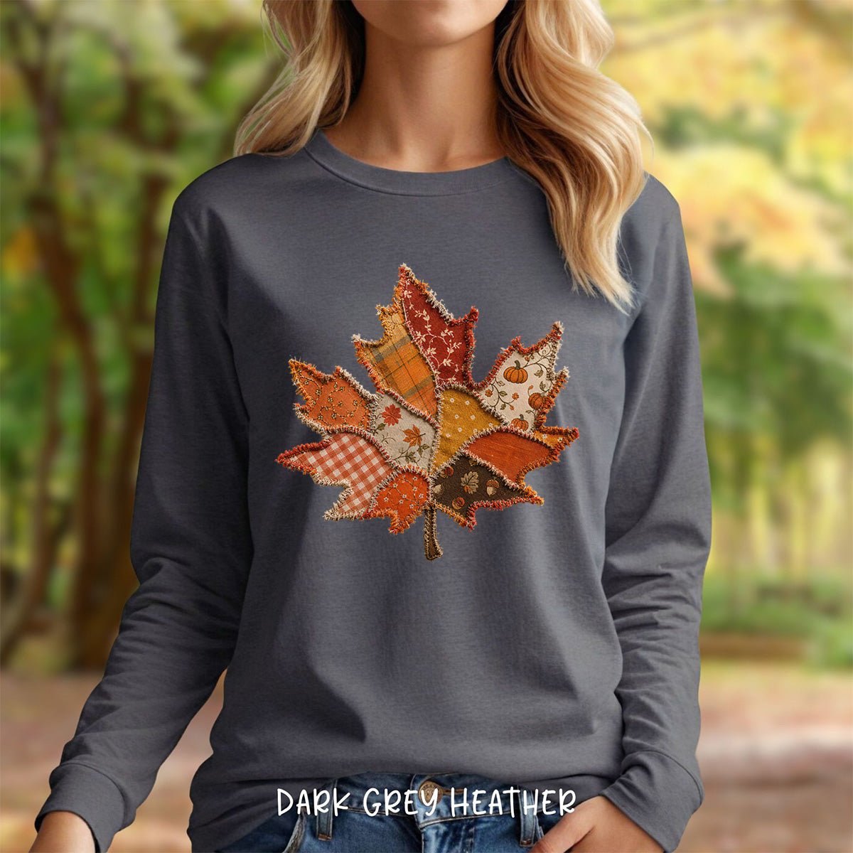 Faux Patchwork Autumn Leaf Long Sleeve Tee