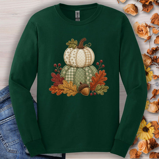 Faux Patchwork Pumpkin Harvest Long Sleeve Tee