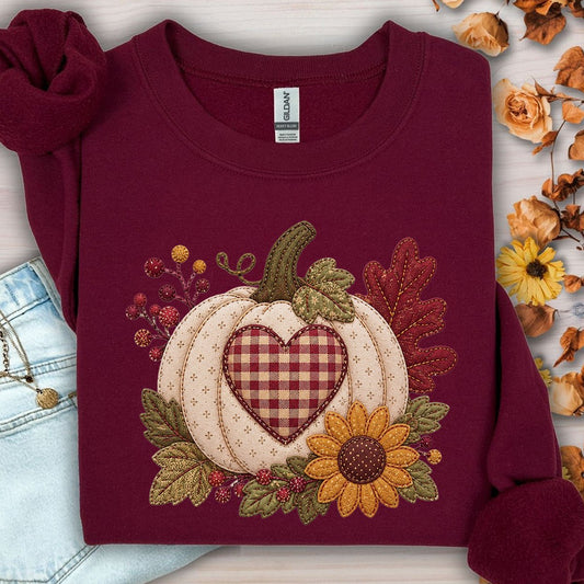 Faux Patchwork Pumpkin Heart Sweatshirt
