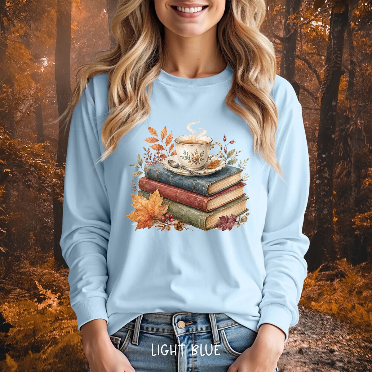 Autumn Cozy Books & Teacup Long Sleeve Tee
