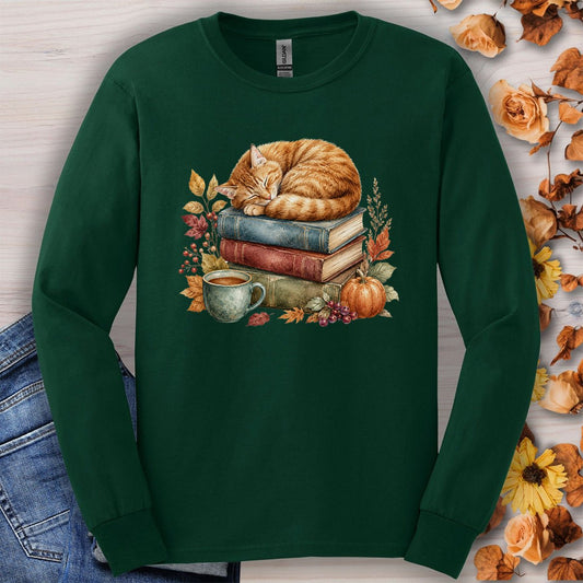 Autumn Tabby Cat & Books Long Sleeve Tee