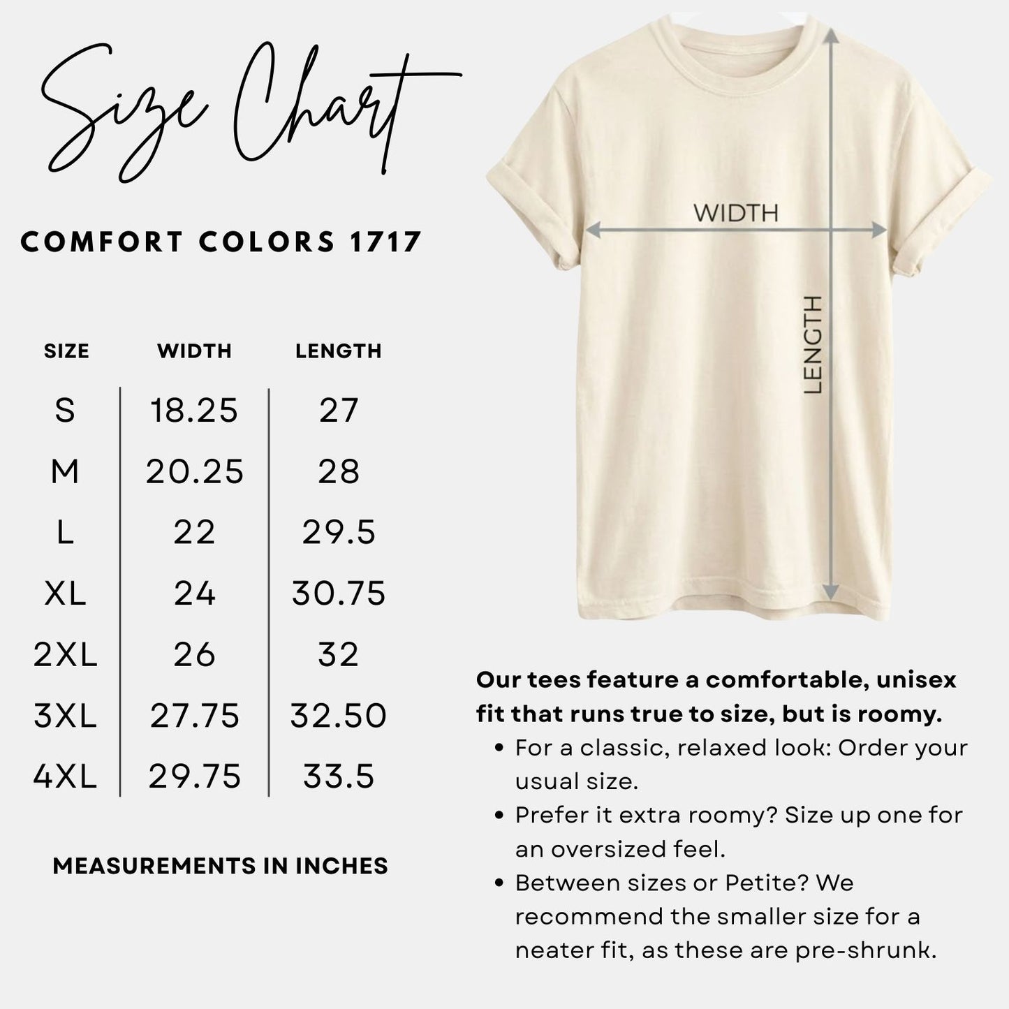 Cream-colored Comfort Colors 1717 t-shirt size chart with width and length measurements in inches for sizes S to 4XL.