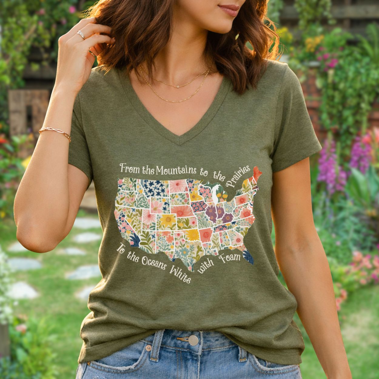 America the Beautiful Floral Map V-Neck T-Shirt