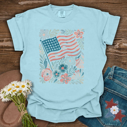 American Flag & Flowers T-Shirt