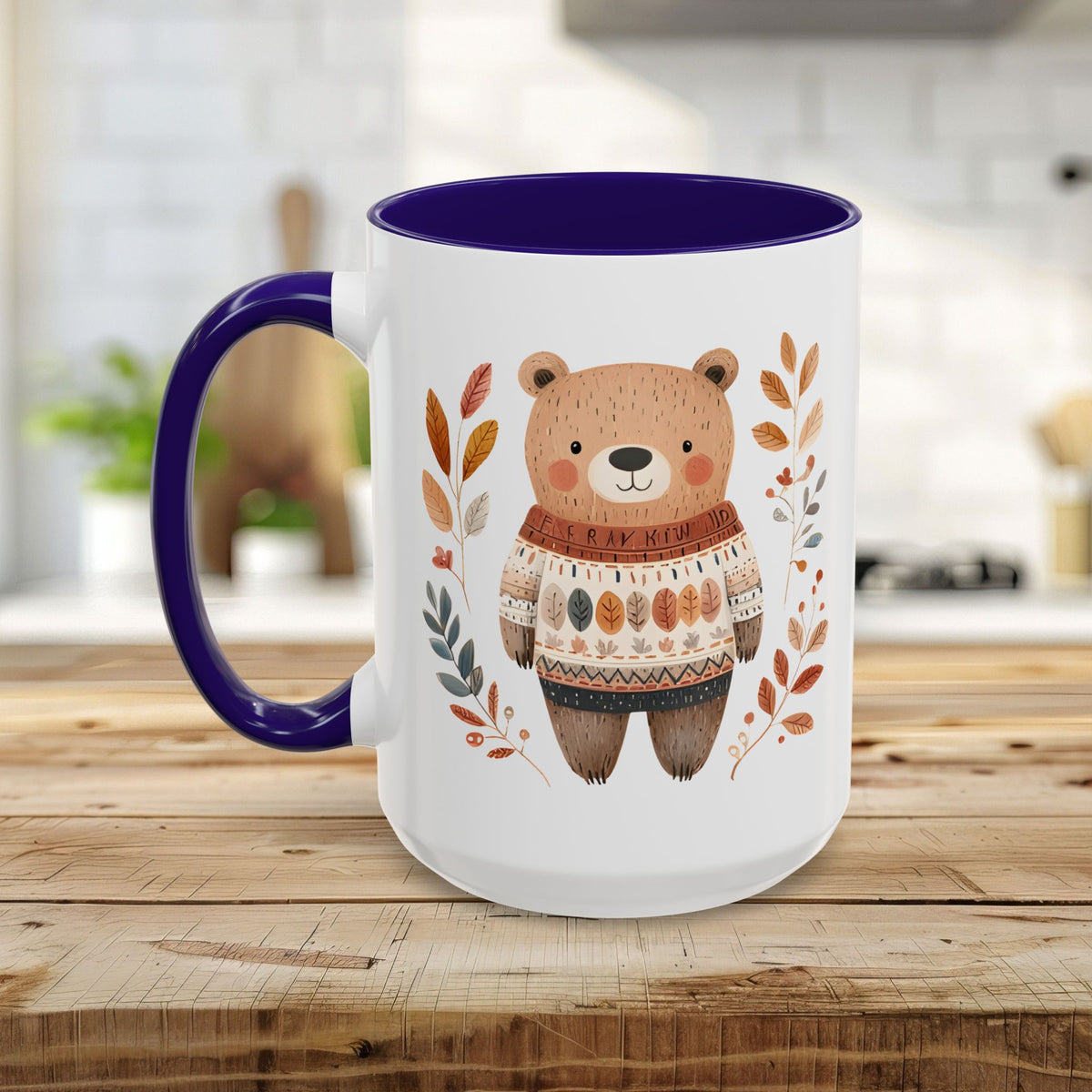 Autumn Bear in Sweater with Foliage Mug (11/15oz)