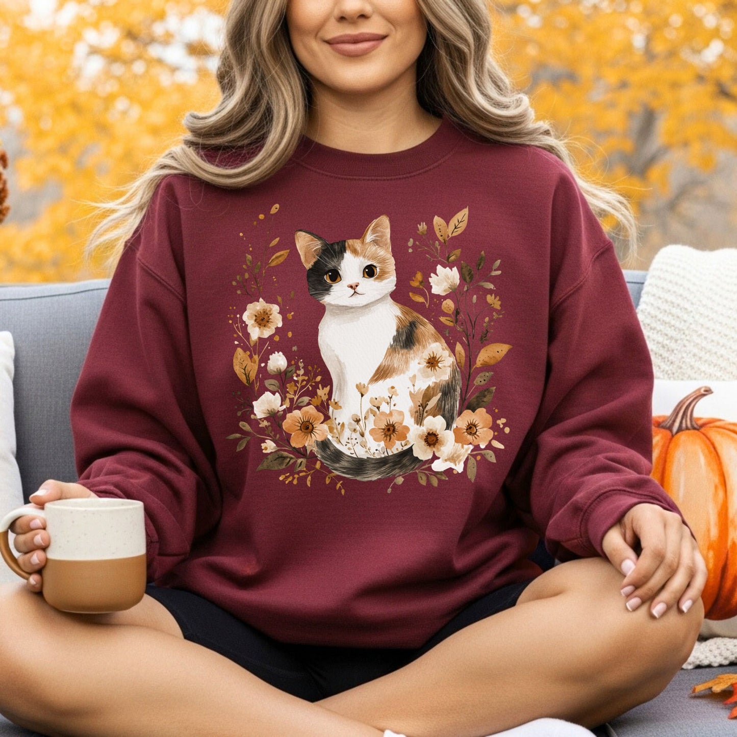 Autumn Calico Cat & Wildflowers Sweatshirt