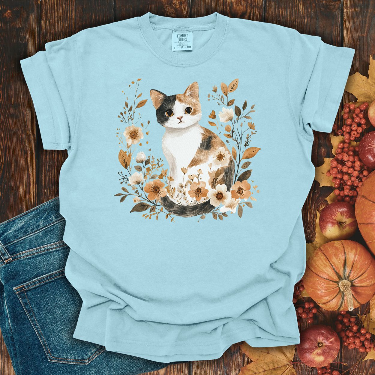 Autumn Calico Cat with Wildflowers T-Shirt