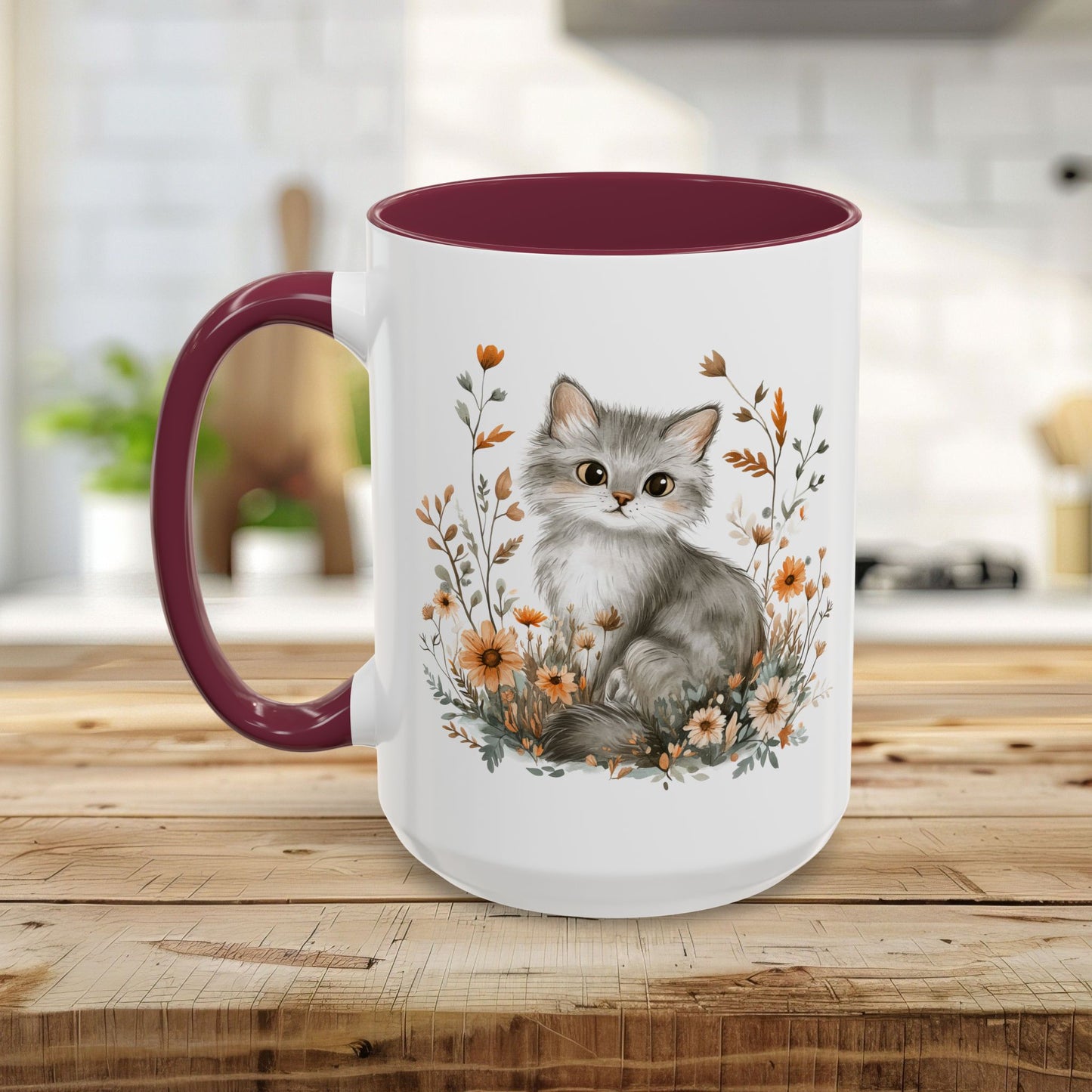 Autumn Grey Kitty with Wildflowers Long Sleeve Tee