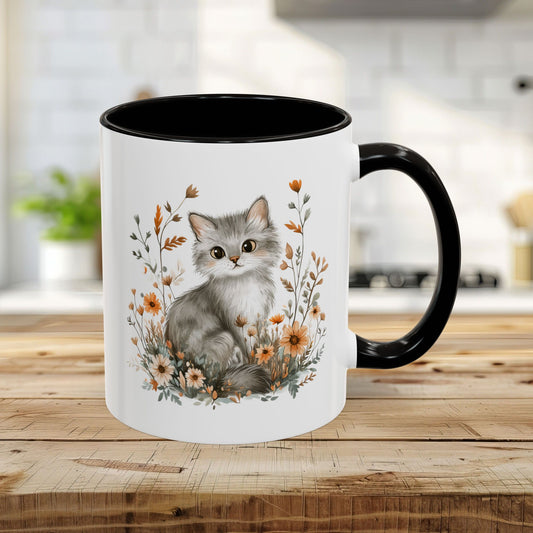 Autumn Grey Kitty with Wildflowers Mug (11/15oz)