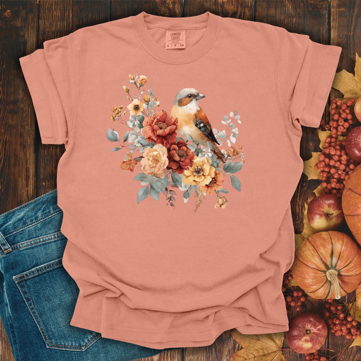 Autumn Sparrow with Roses T-Shirt