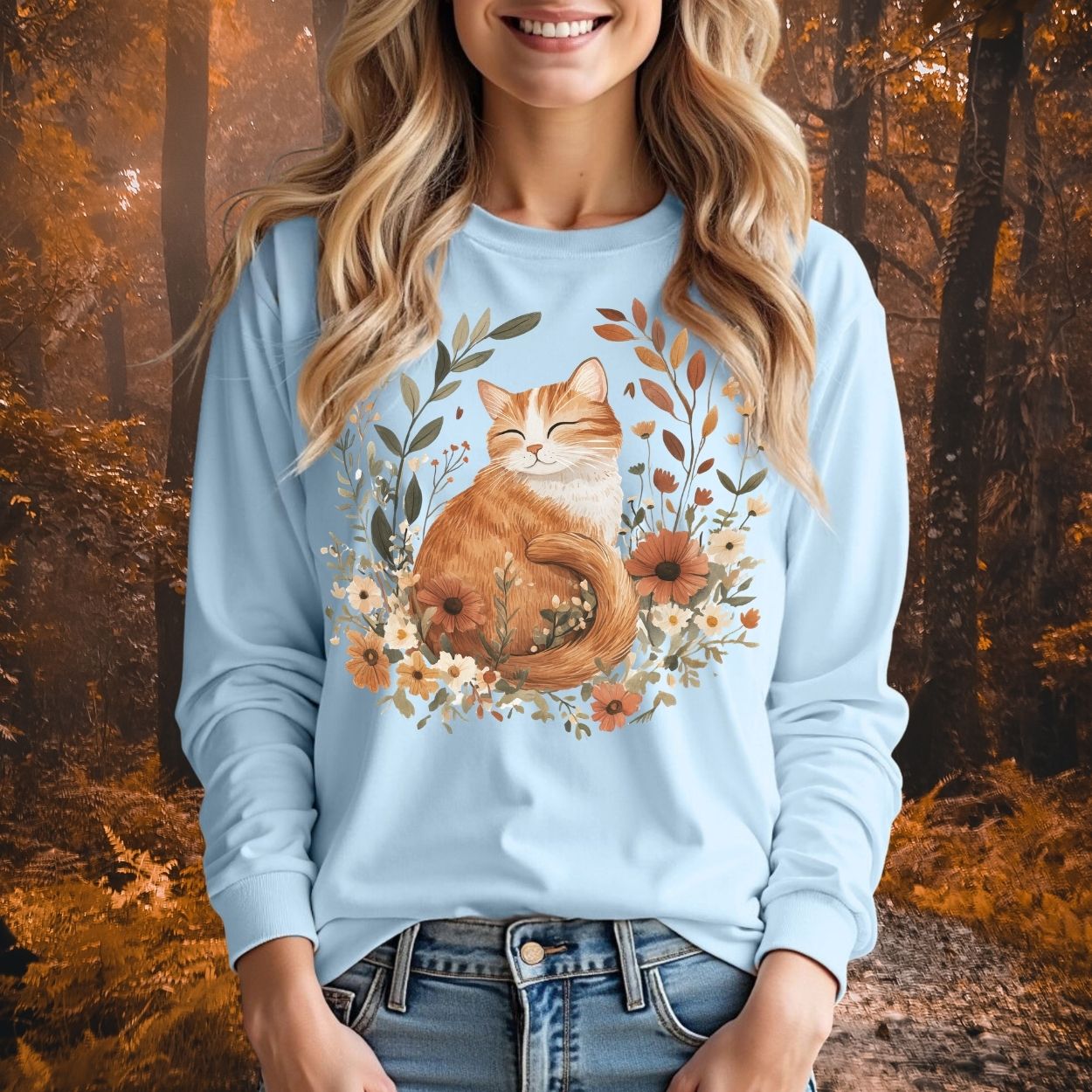 Autumn Tabby Cat with Wildflowers Long Sleeve Tee