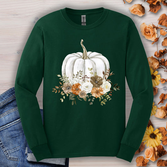 Forest Green Gildan long sleeve tee with a white cottage core pumpkin and autumn flowers.