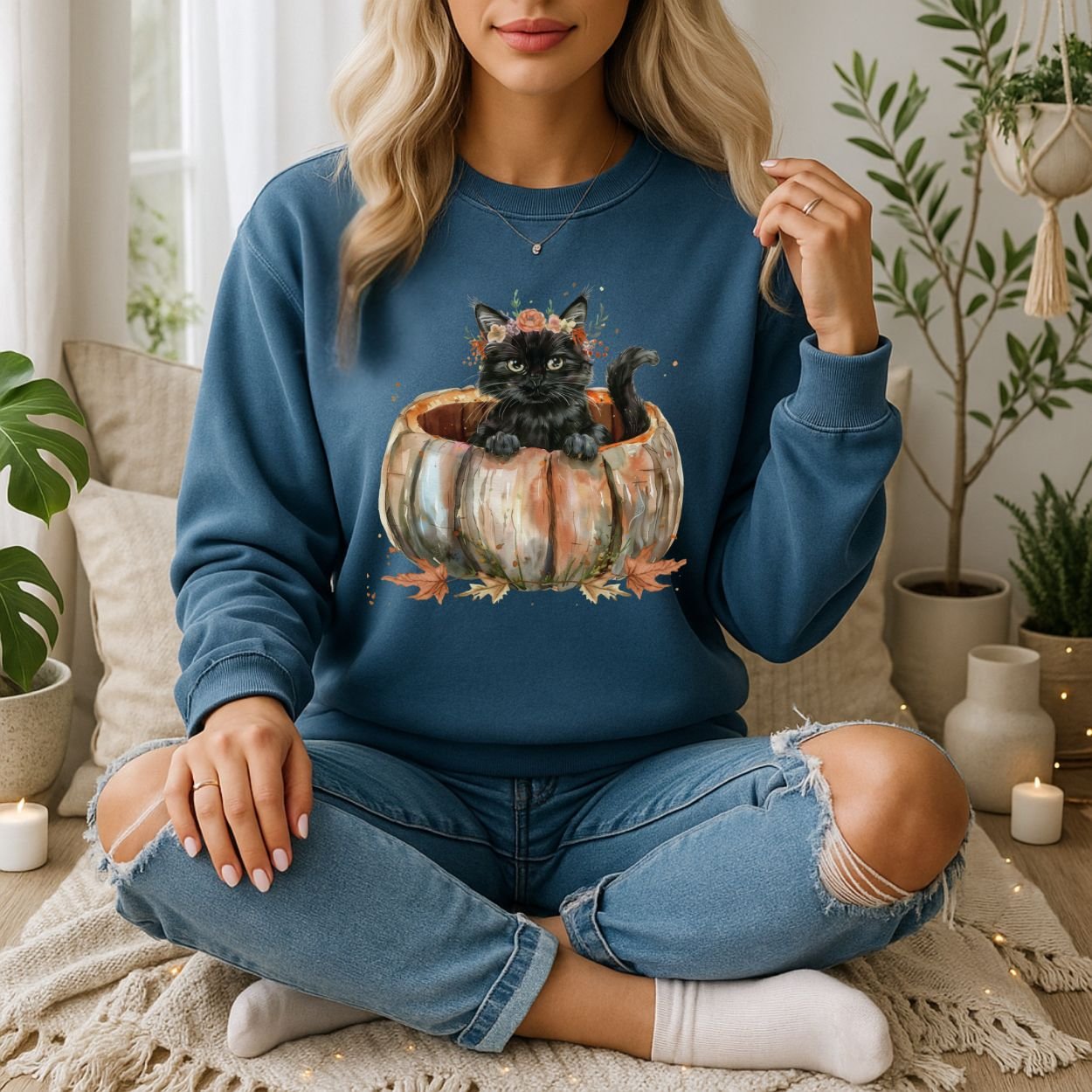 Woman in a blue Gildan 18000 sweatshirt with a black boho kitten in pumpkin watercolor design.