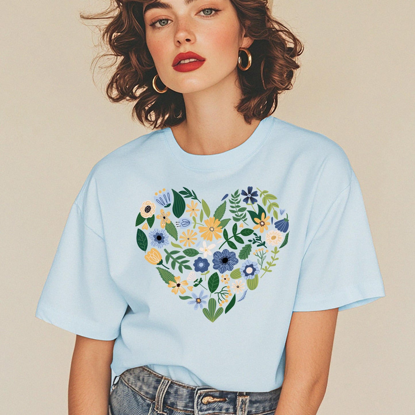 Blue Floral Heart T-Shirt