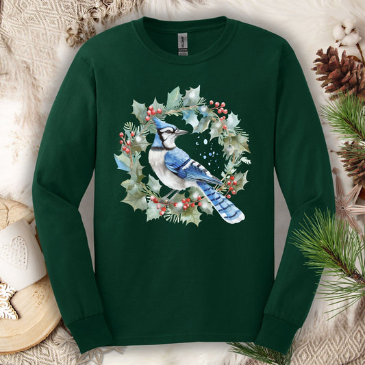 Blue Jay in Holly Wreath Long Sleeve Tee