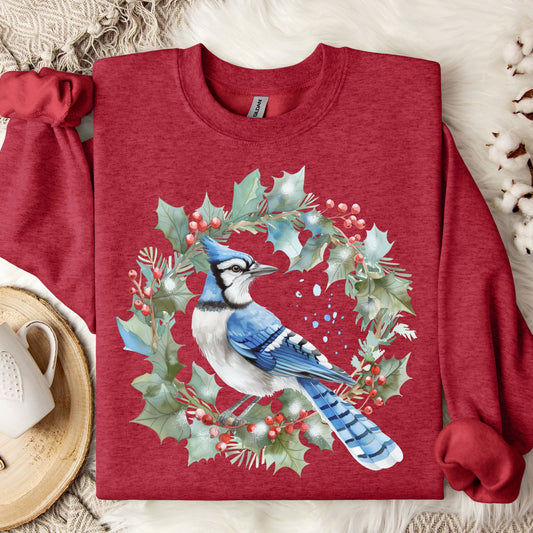 Blue Jay in Holly Wreath Sweatshirt
