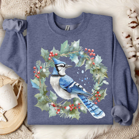 Blue Jay in Holly Wreath Sweatshirt