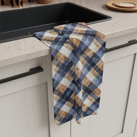 Blue and Taupe Plaid Microfiber Tea Towel
