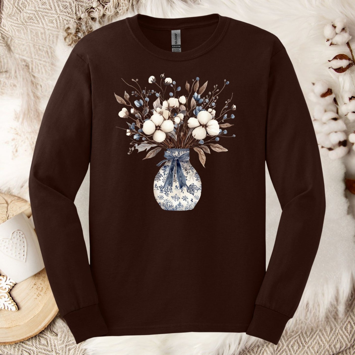 Blue and White Winter Bouquet Long Sleeve Tee