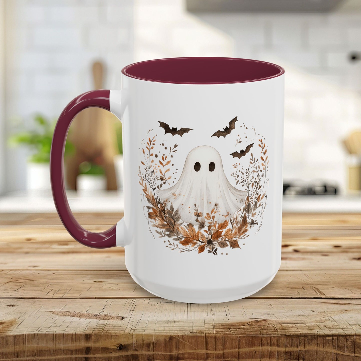 Boho Ghost & Bats with Autumn Florals Mug (11/15oz)