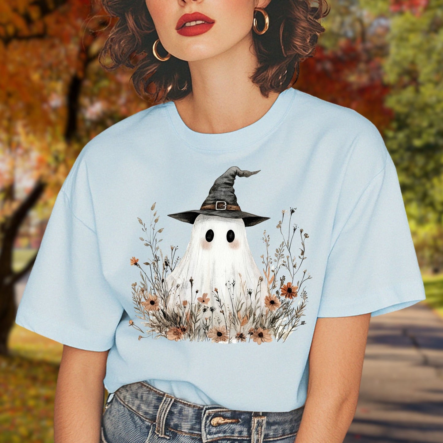Boho Ghost Witch T-Shirt with Wildflowers