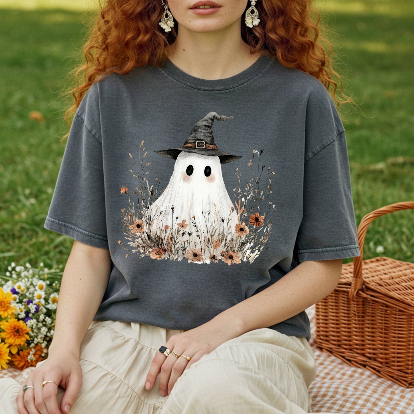 Boho Ghost Witch T-Shirt with Wildflowers