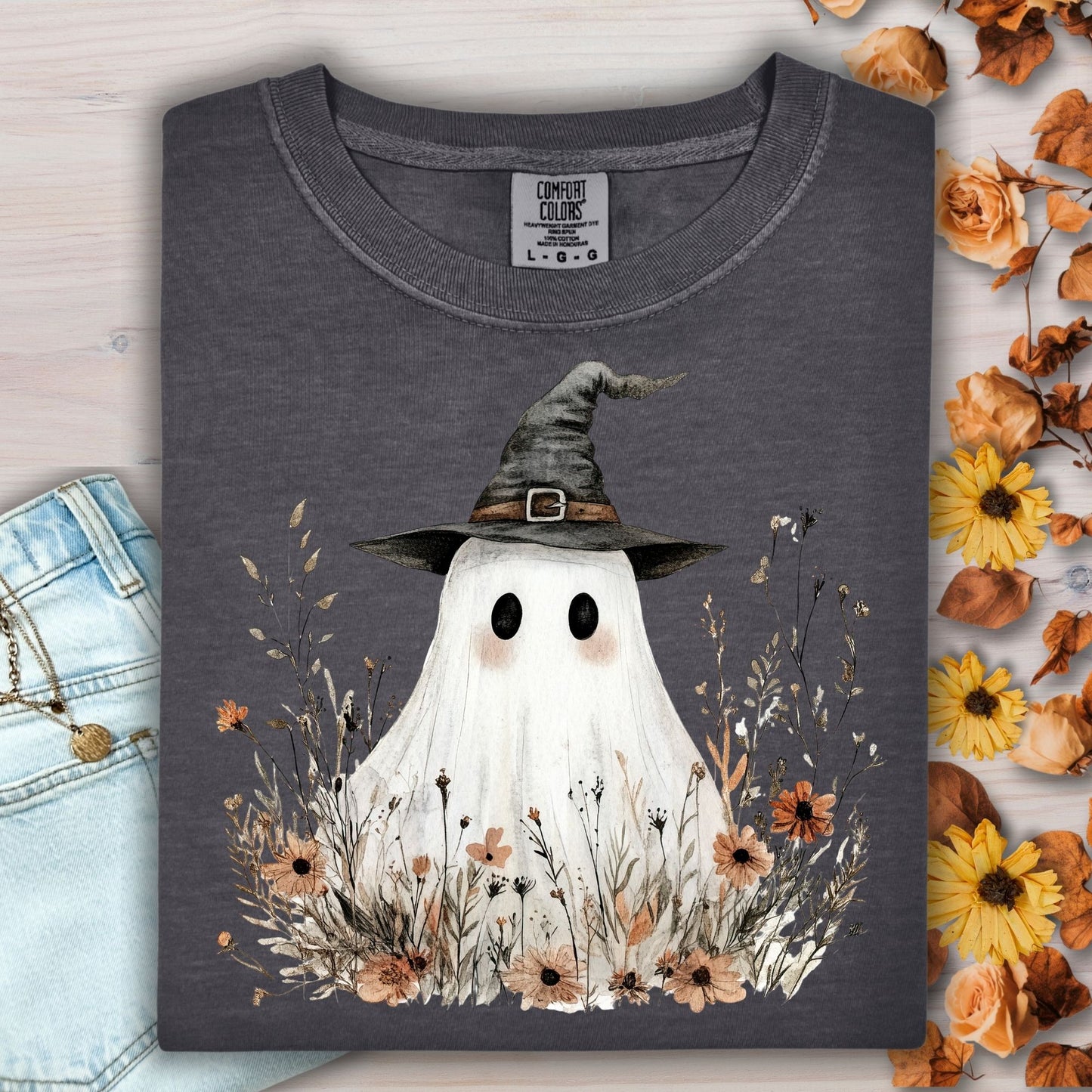 Boho Ghost Witch T-Shirt with Wildflowers