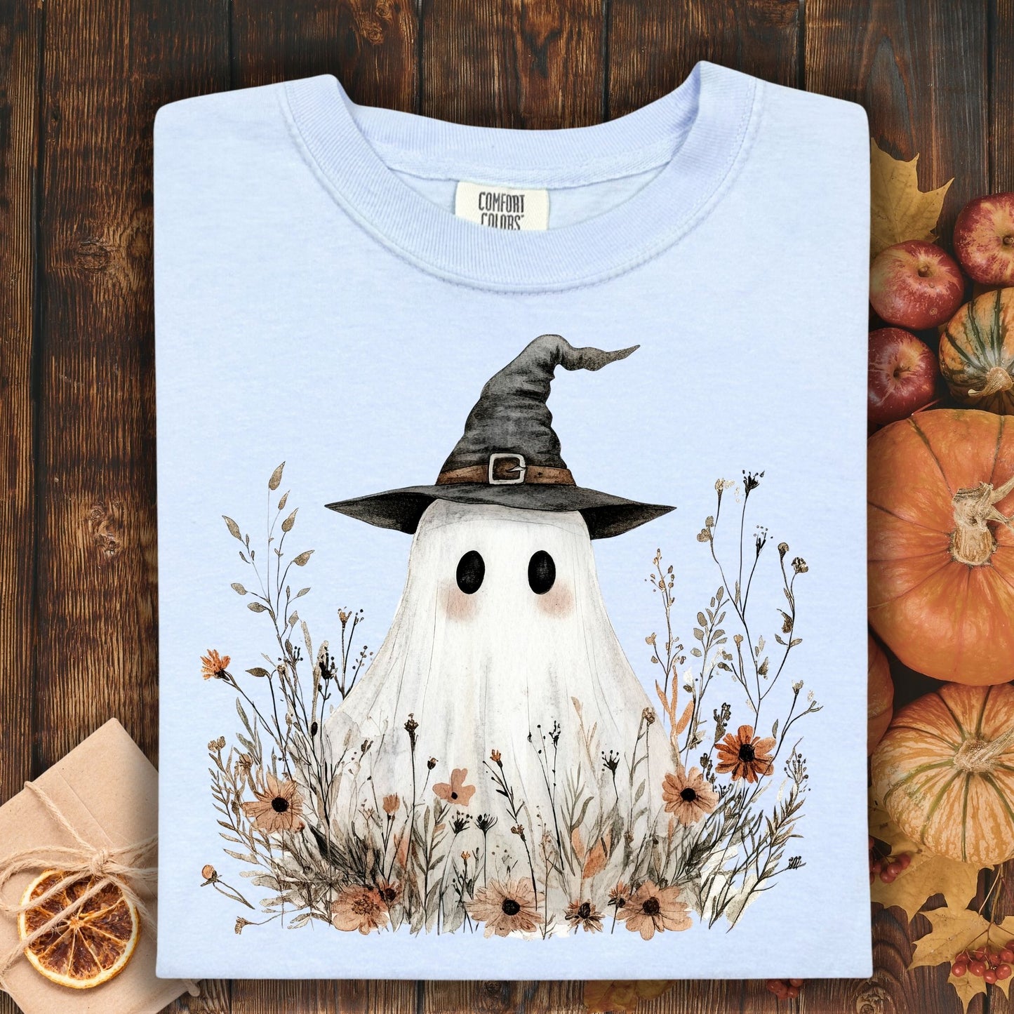 Boho Ghost Witch T-Shirt with Wildflowers