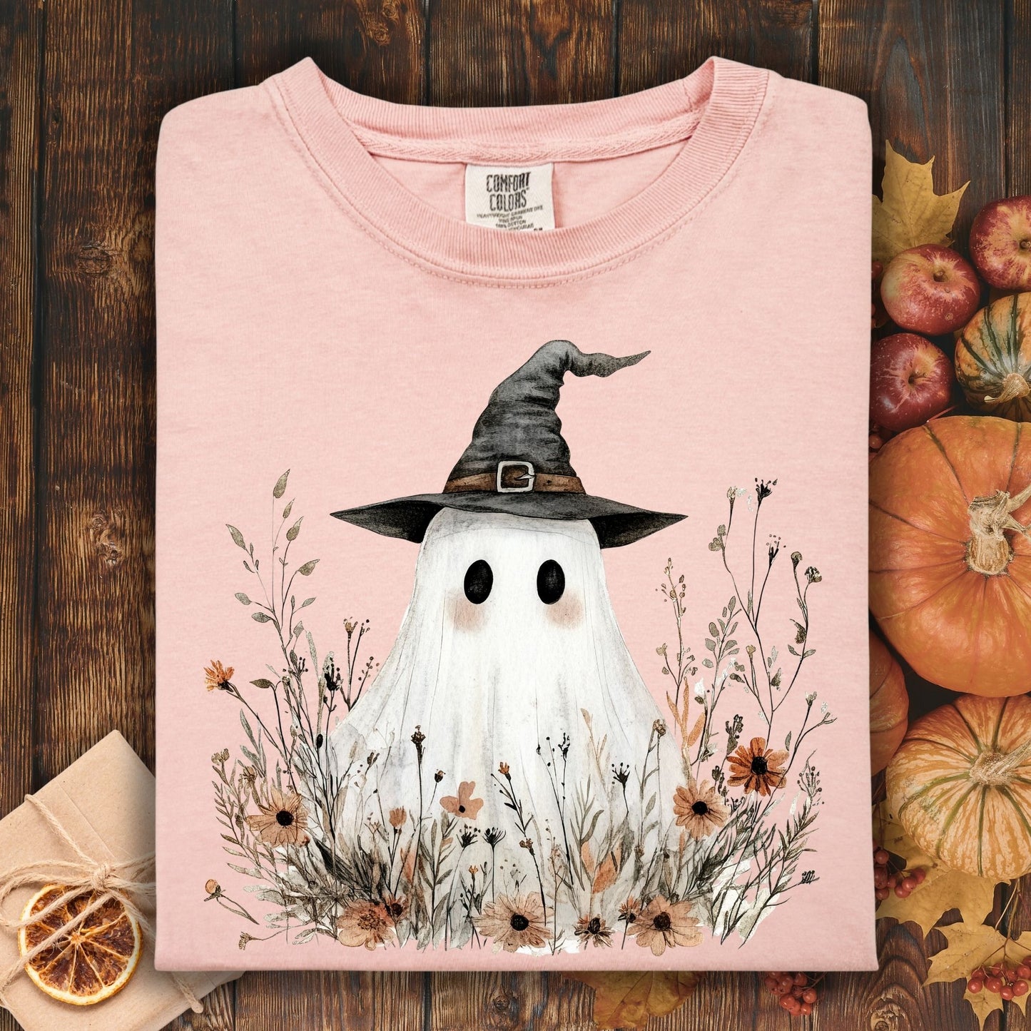 Boho Ghost Witch T-Shirt with Wildflowers