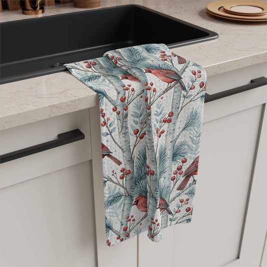 Cardinal in Snowy Birch Trees Microfiber Tea Towel