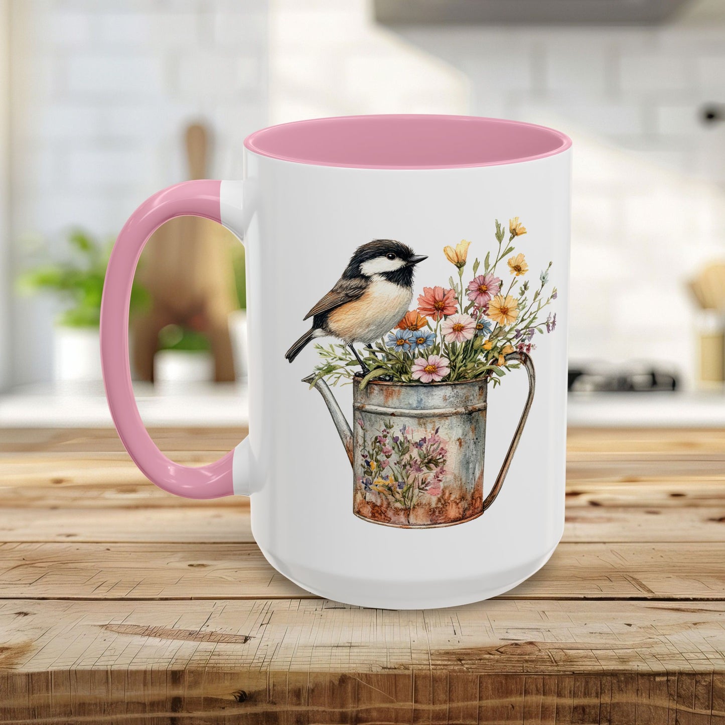 Chickadee in Summer Floral Watering Can Mug (11/15oz)