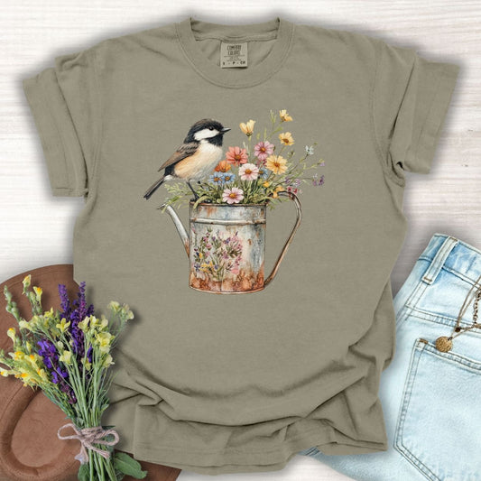 Chickadee in Summer Floral Watering Can T-Shirt