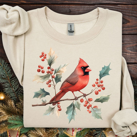 Christmas Cardinal on Holly Branches Sweatshirt