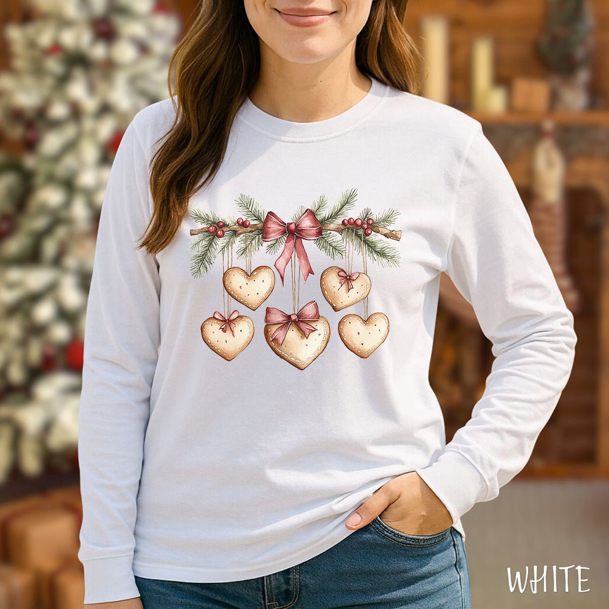 Christmas Gingerbread Heart Garland Long Sleeve Tee