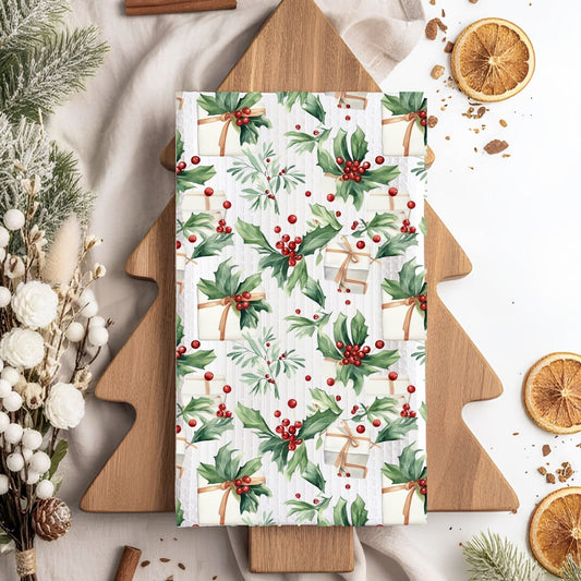 Christmas Holly & Gift Microfiber Tea Towel
