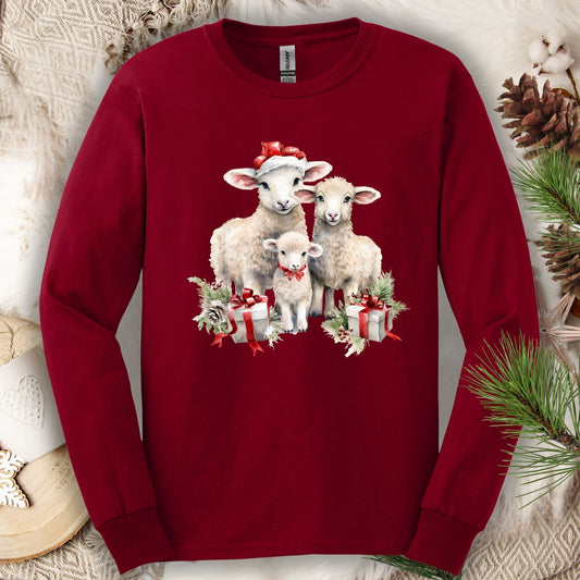 Cardinal Red Gildan long sleeve tee with watercolor Christmas lambs in Santa hats and gifts.