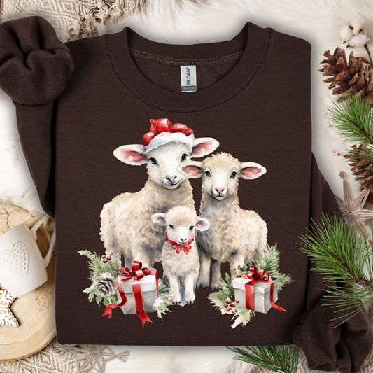 Dark Chocolate Gildan sweatshirt with three watercolor lambs in Santa hats and gifts.