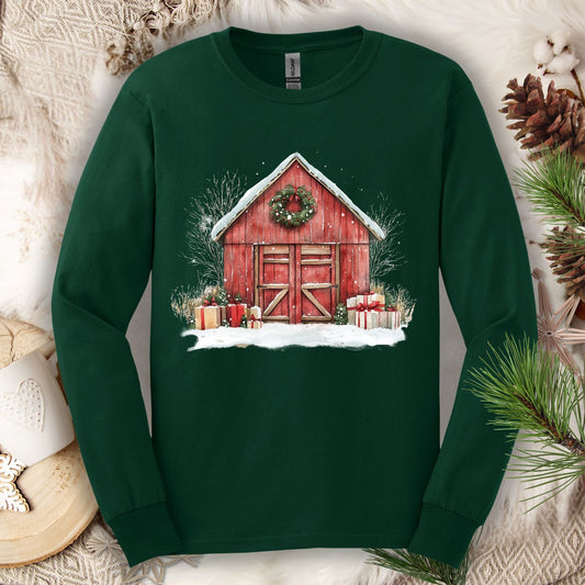 Forest Green Gildan Softstyle long sleeve tee with watercolor red barn, snow, gifts, and wreath.